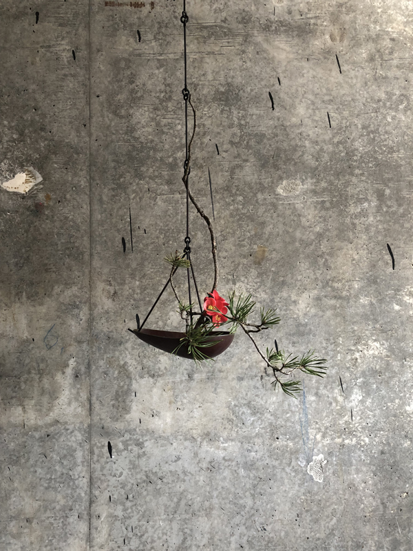 140325, wild pine, flowering quince, copper bowl, iron chain